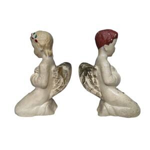 Vintage 60s Pair Chalkware Angel Candlesticks Candle Holders Christmas Cottage